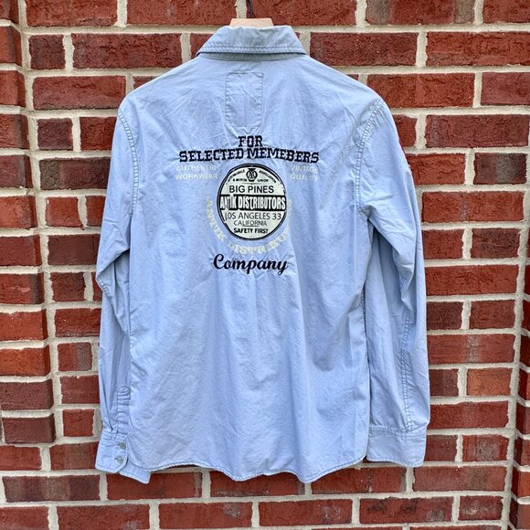 Antik Denim Button Up Patch Shirt Mens Large Blue Long Roll Tab Sleeves Patches - Picture 2 of 13